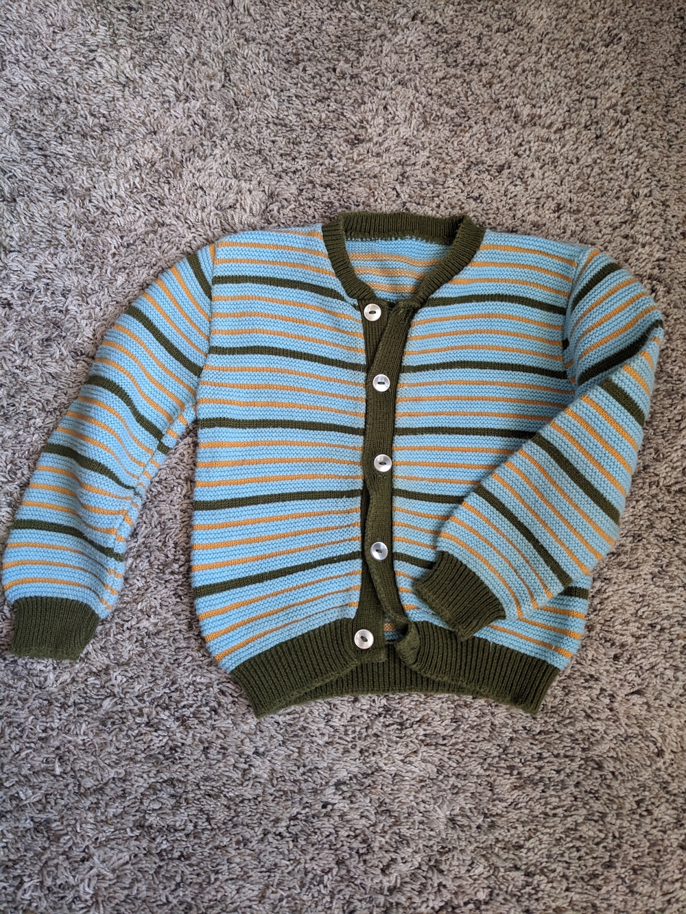 Striped Button-Up Knit Cardigan in Light Blue, Olive & Mustard